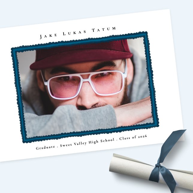 Retro Photo Blue Frame Graduation High School Ankündigung (Von Creator hochgeladen)