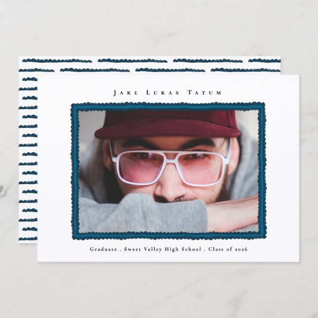 Retro Photo Blue Frame Graduation High School Ankündigung (Vorne/Hinten)