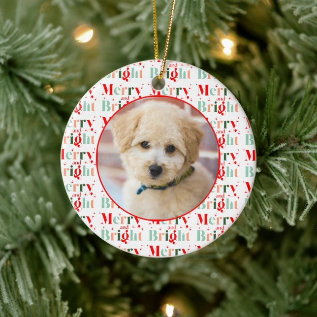 Retro Photo Merry and Bright Christmas Keramik Ornament (Baum)