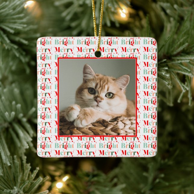 Retro Photo Red Pink Merry and Bright Christmas Keramikornament (Baum)