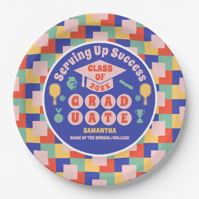 Retro Pickleball Graduation Party Pappteller (Vorderseite)