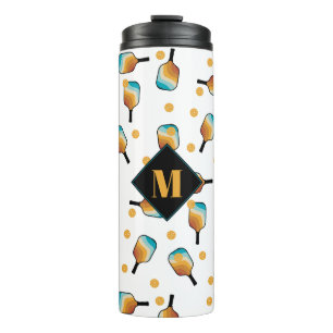 Retro-Pickleball-Paddle und Ball-Muster-Monogramm Thermosbecher