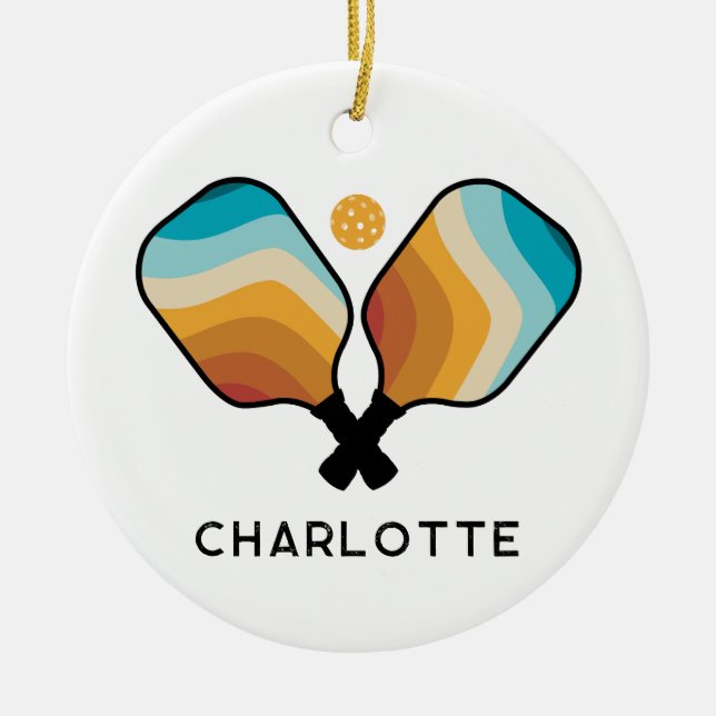 Retro Pickleball Paddles & Ball Individuelle Name Keramik Ornament (Vorne)