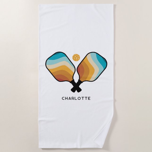 Retro Pickleball Paddles & Ball Individuelle Name Strandtuch (Vorderseite)