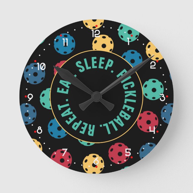 😍 Retro-Pickleballs / schwarz mit Zahlen Runde Cl Runde Wanduhr (Vorderseite)