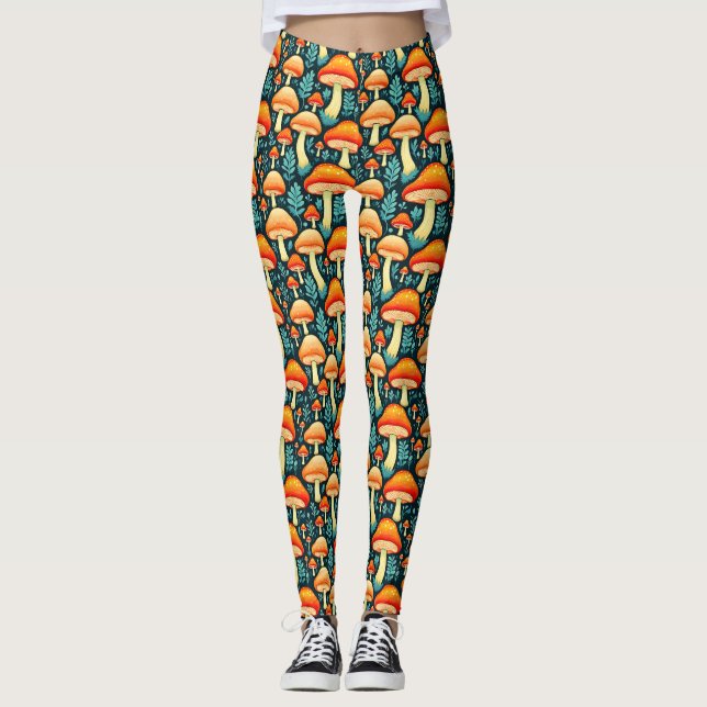 Retro-Pilze in Orange und Blau Leggings (Vorderseite)