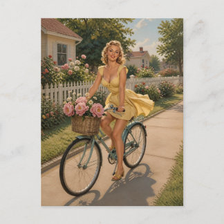 Retro-Pin-Up-Girl auf Fahrrad aus den 1950er Jahre Postkarte