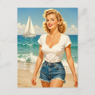 Retro-Pin-Up-Girl Sommer Strand Urlaub Grußkarte Postkarte