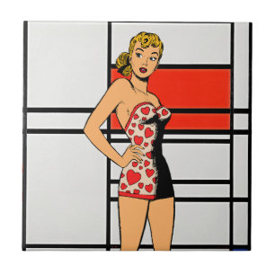 Retro Pin-Up Girl trifft Mondrian – Einzigartige K Fliese