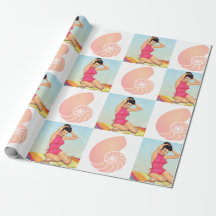 Retro-Pin-Up-Girl und Strandmuster mit Muscheln