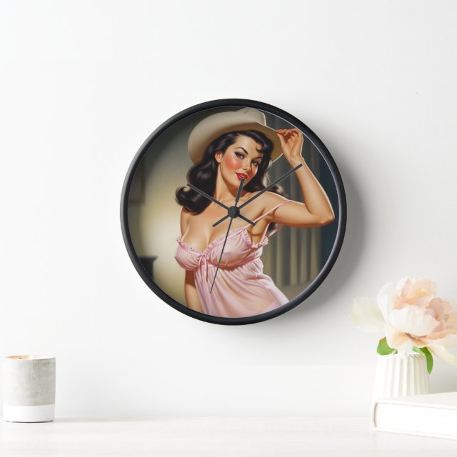 Retro Pin-up Girl with Cowboy hat Uhr (Zuhause)