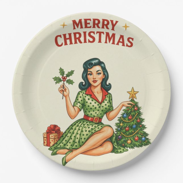 Retro Pin-Up Merry Christmas Holiday Paper Plate Pappteller (Vorderseite)