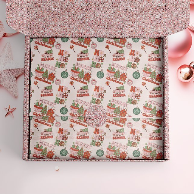 Retro Pink and Green Holiday Joy Seidenpapier (Von Creator hochgeladen)