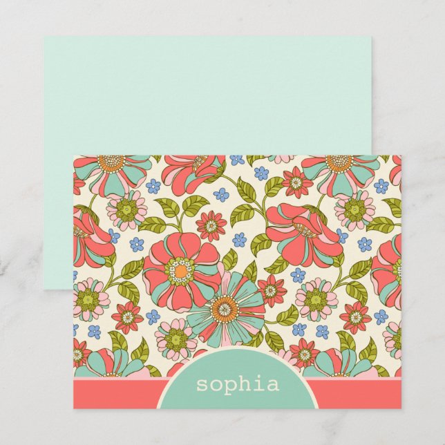Retro Pink & Aqua Floral Custom Flor Note Card Mitteilungskarte (Vorne/Hinten)