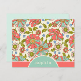 Retro Pink & Aqua Floral Custom Flor Note Card Mitteilungskarte