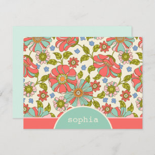 Retro Pink & Aqua Floral Custom Flor Note Card Mitteilungskarte