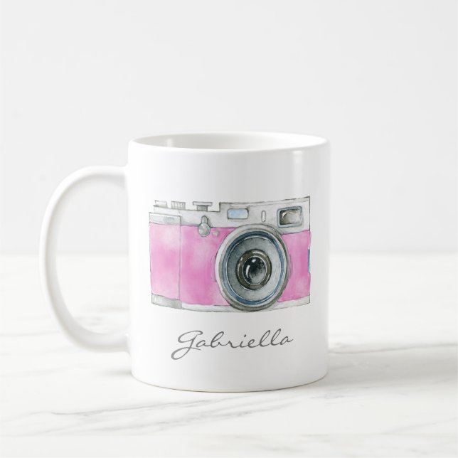 Retro-Pink-Aquarellkamera Personalisiert Kaffeetasse (Links)