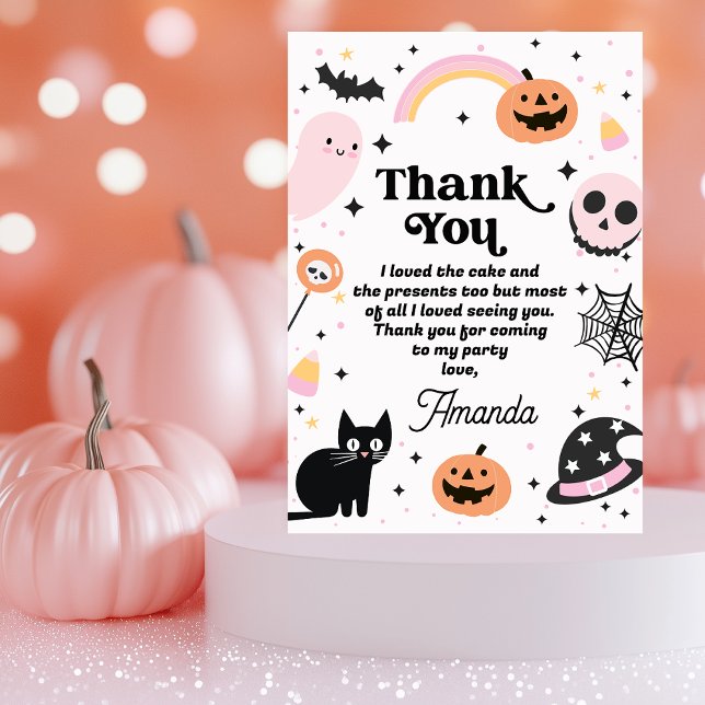 Retro Pink Black Halloween Geburtstag Dankeskarte (Retro Halloween Birthday Thank You Card, Girls Boo Halloween Birthday Party Thank You Card, Pink )