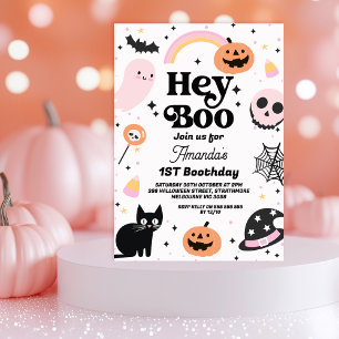 Retro Pink Black Halloween Hey Boo 1. Geburtstag Einladung