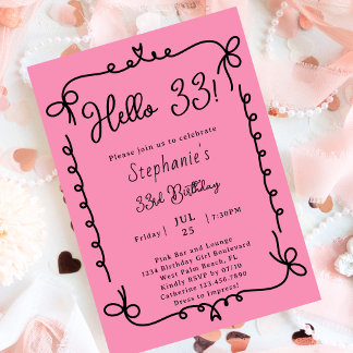 Retro Pink & Black Handgeschriebene 33. Geburtstag Einladung