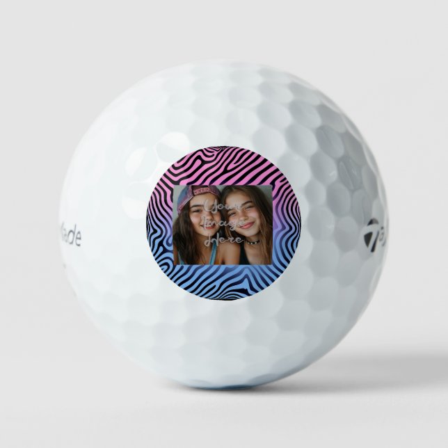 Retro Pink Blauer Gradient Zebra Strip Foto Rahmen Golfball (Vorderseite)