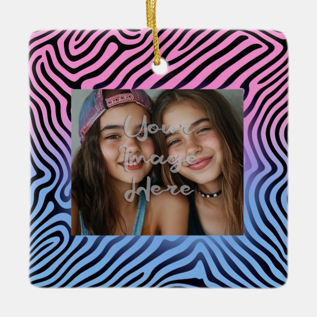 Retro Pink Blauer Gradient Zebra Strip Foto Rahmen Keramikornament (Vorderseite)
