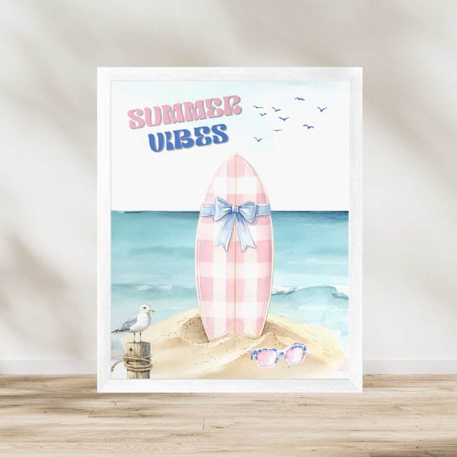 Retro Pink Blue Surfboard Summer Vibes Watercolor Poster (Von Creator hochgeladen)