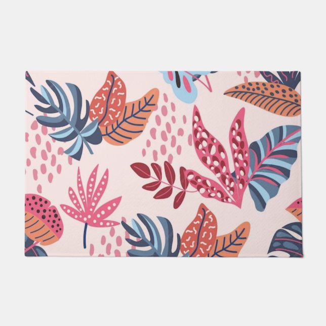 Retro Pink & Blue Tropical Leaf Pattern Outdoor Fußmatte (Vorderseite)