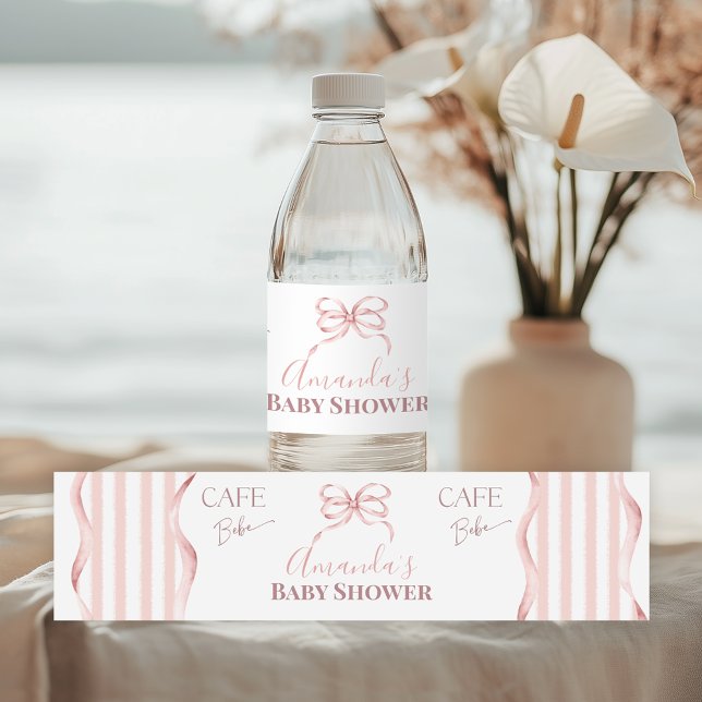 Retro Pink Bow Cafe Bebe Girl Coffee Baby Shower Wasserflaschenetikett (Von Creator hochgeladen)