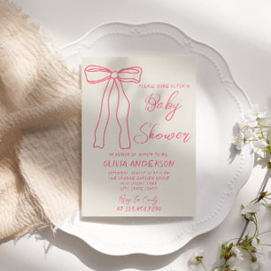 Retro Pink Bow Hand Drawn Writer Baby Girl Shower Einladung