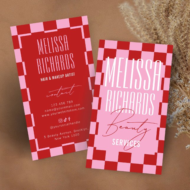 Retro Pink Checkered Aesthetician Lashes Salon Visitenkarte (Von Creator hochgeladen)