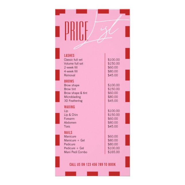 Retro Pink Checkered Hair Makeup Salon Price List Werbekarte (Vorne)