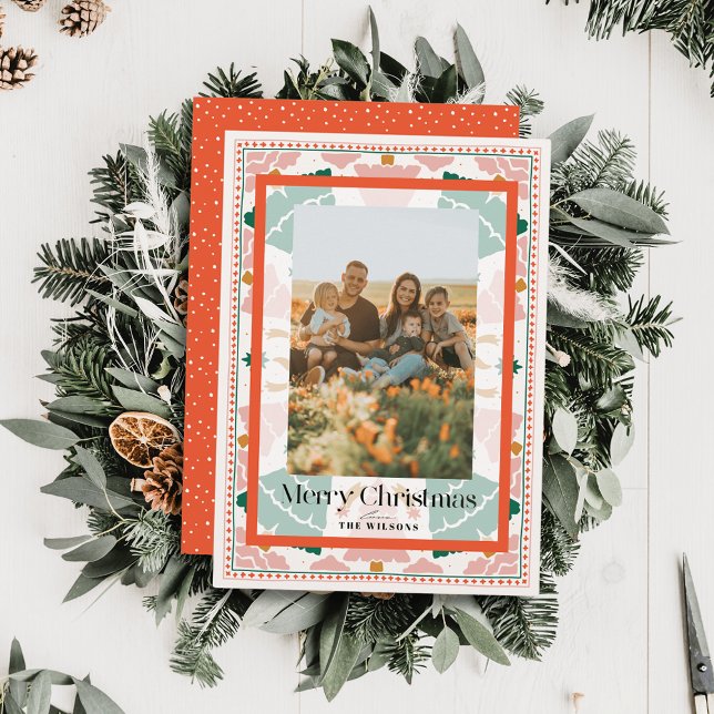 Retro Pink Christmas Trees Holiday Photo Card Einladung (Von Creator hochgeladen)