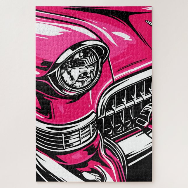 Retro Pink Classic Car Front Pop Art Illustration Puzzle (Vertikal)