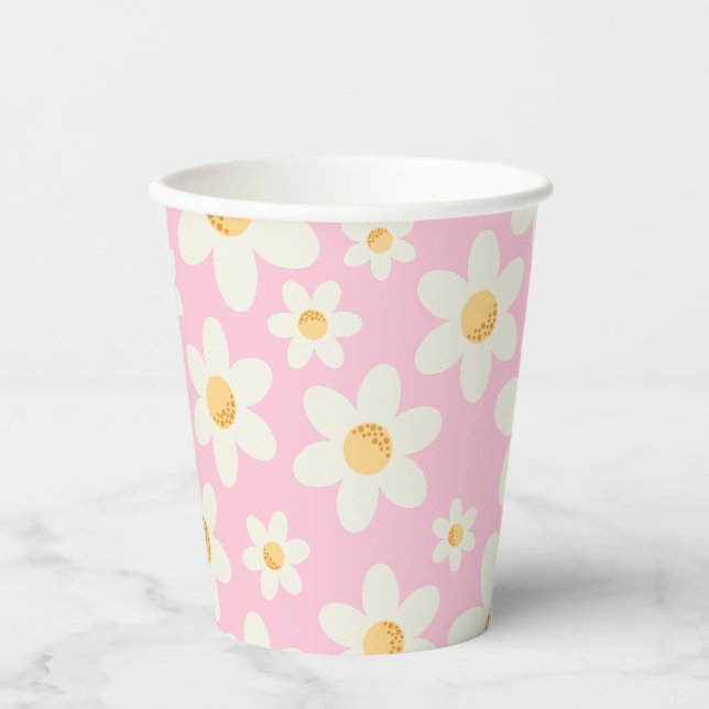 Retro Pink Daisy Boho Papier Cups - Groovy First B Pappbecher (Vorderseite)