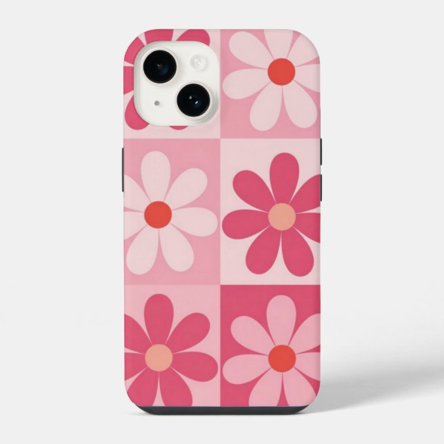 Retro Pink Daisy Checkerboard-Muster iPhone Hülle (Rückseite)