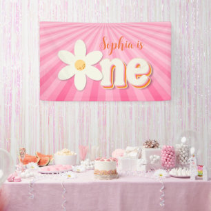 Retro Pink Daisy Erster Geburtstagsbanner   Boho F Banner