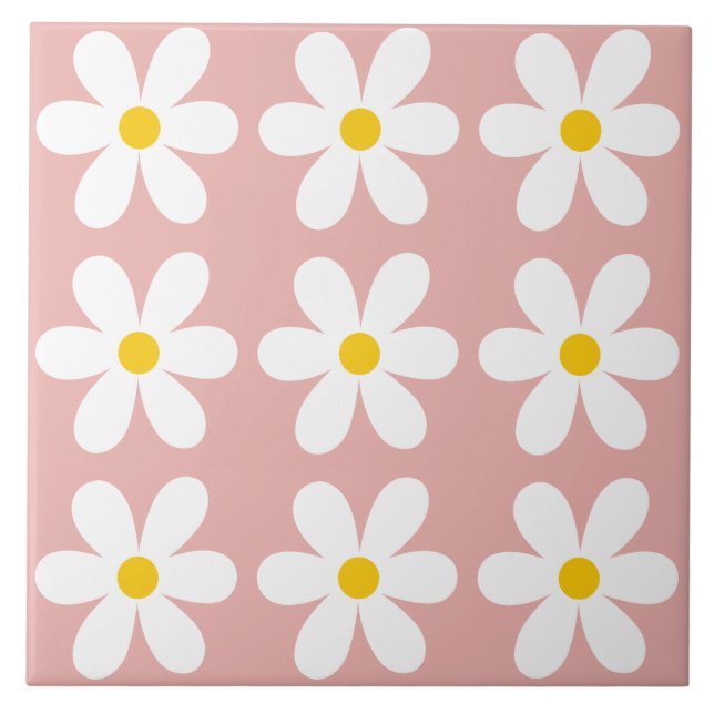 Retro Pink Daisy Floral Pattern Fliese (Vorderseite)