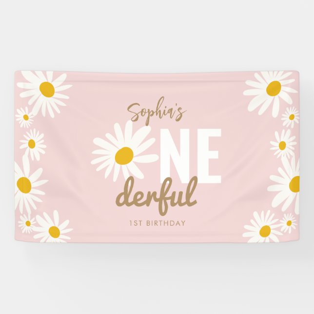 Retro Pink Daisy ONEderful 1. Geburtstag Party Banner (Horizontal)