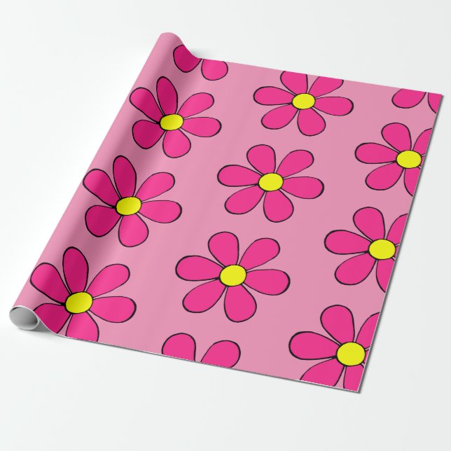 Retro Pink Daisy Wrapping Paper Geschenkpapier (Ungerollt)