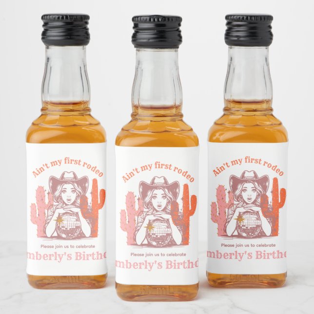 Retro Pink Disco Ball Cowgirl Birthday Party Beer Alkoholflaschenetikett (Flaschen)