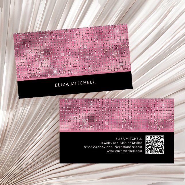 Retro Pink Disco Ball Mirror | QR-Code Visitenkarte (A glam, disco ball inspired business card in dark pink and black with a scannable QR code)