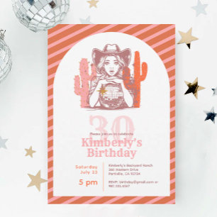 Retro-Pink-Disco-Kugel-Cowgirl-30.-Geburtstagsfeie Einladung