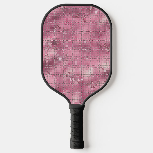 Retro Pink Disco Mirror | Monogramm Pickleball Schläger (Vorderseite)