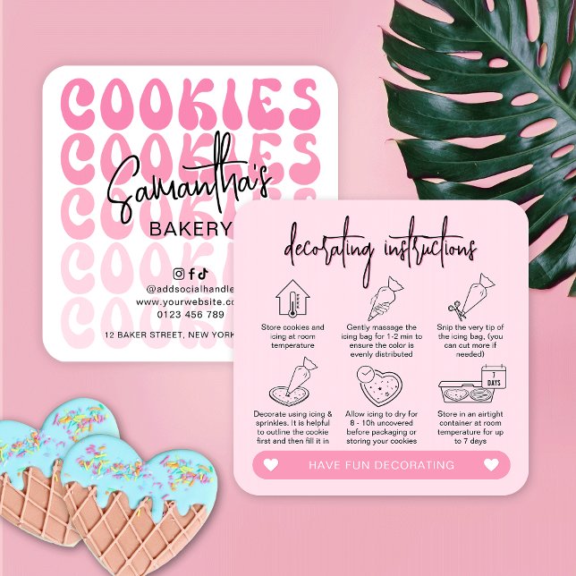 Retro Pink DIY Cookie Decorating Instructions Quadratische Visitenkarte (Trendy cookies decorating kit instructions cards in retro pink design with icons)