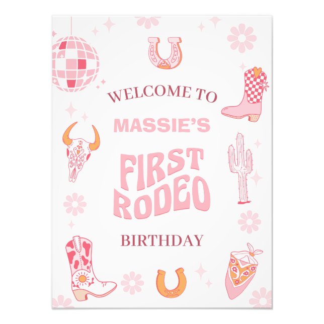 Retro Pink Erste Rodeo 1. Geburtstag Begrüßungszei Fotodruck (Vorne)