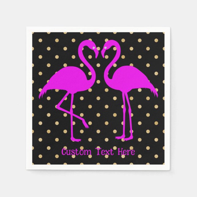 Retro Pink Flamingo Black Gold Polka Dot Muster Serviette (Vorderseite)