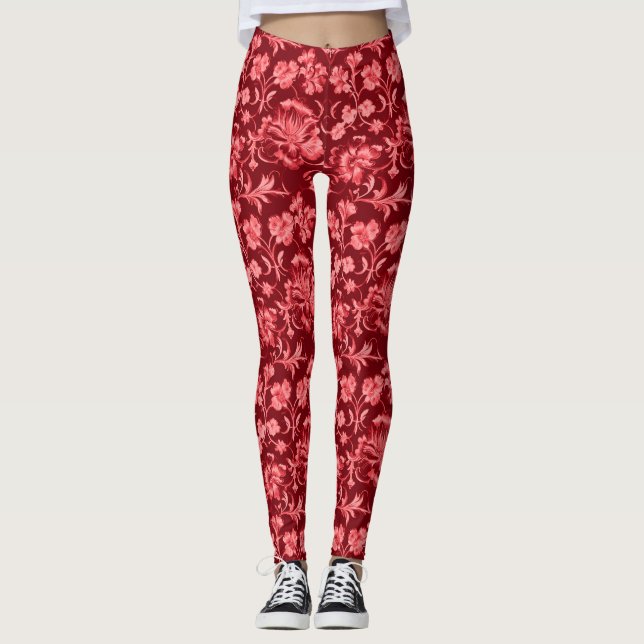 Retro Pink Floral on Maroon Leggings (Vorderseite)