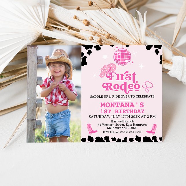 Retro Pink Foto Disco Rodeo Gestern und Heute Einladung (Photo Cowgirl First Rodeo Invitation, 1st Rodeo Invite, Southwestern Ranch Wild West Western Invite)