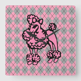 Retro Pink French Poodle Geschenk Quadratische Wanduhr